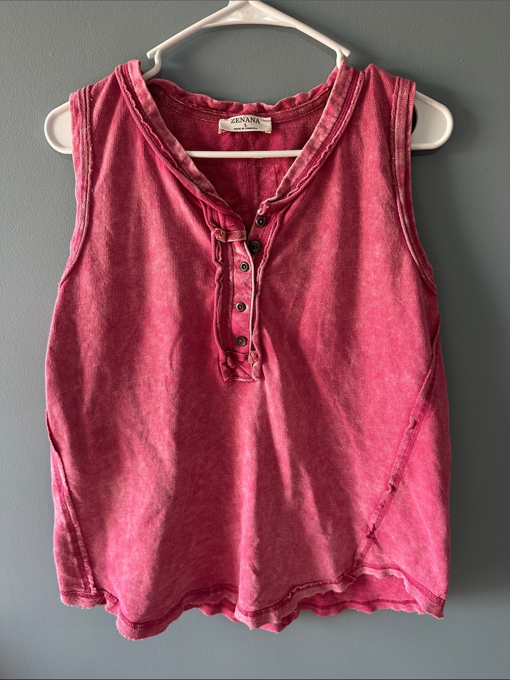 Zenana Outfitters Washed Pink Henley Tank Top